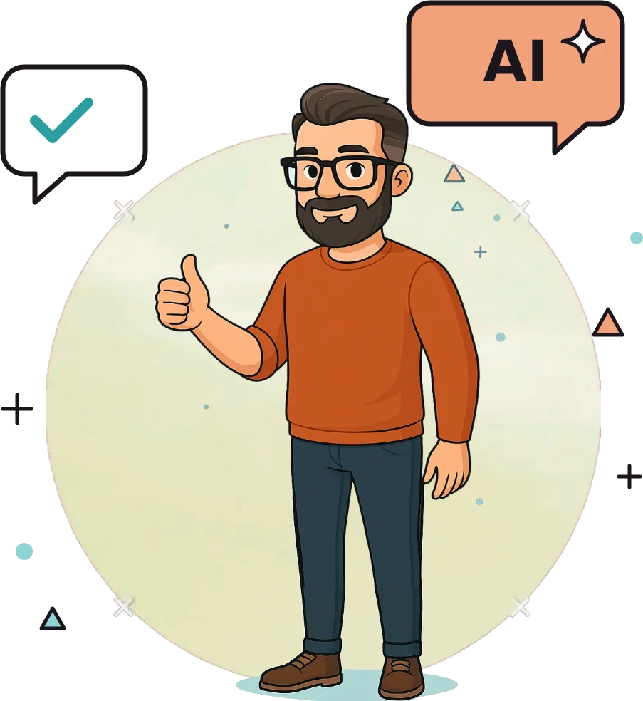 Marco Morettoni illustrato con pollice alzato e fumetto «AI»: visibilità sulle intelligenze artificiali