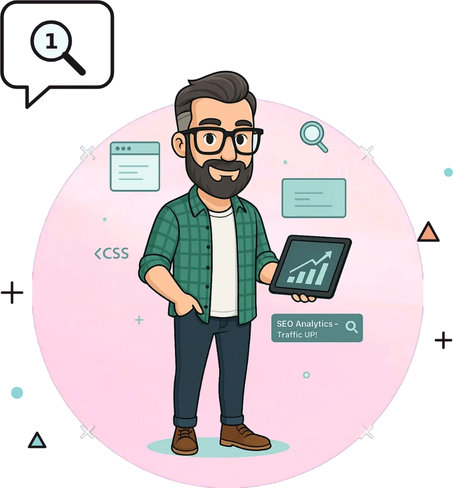 Marco Morettoni illustrato con tablet e grafico in crescita, fumetto con lente e primo posto su Google