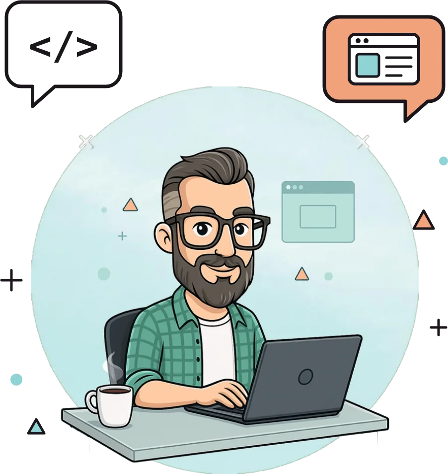 Marco Morettoni illustrato al computer mentre realizza un sito web, con fumetti di codice e pagina web